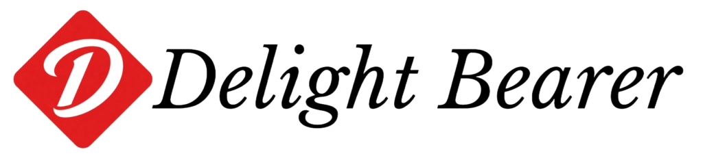 Delight Bearer logo featuring a red diamond icon with a white stylized letter D and the brand name in modern lowercase typography