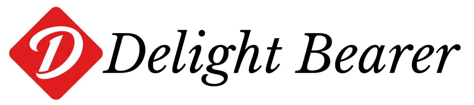 Delight Bearer logo featuring a red diamond icon with a white stylized letter D and the brand name in modern lowercase typography