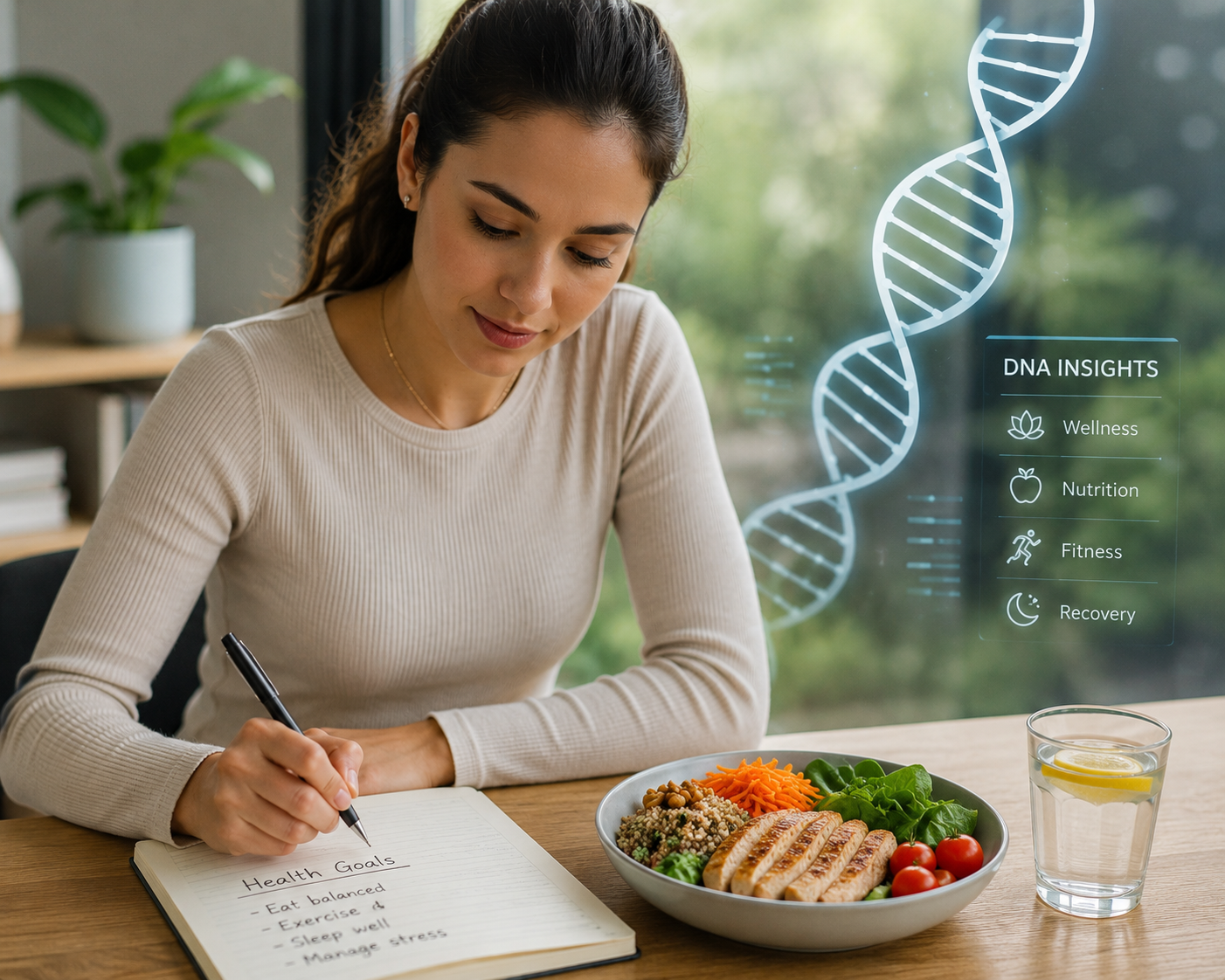 Person writing health goals in a notebook beside a healthy meal while viewing a DNA-based wellness graphic, representing personalized nutrition and lifestyle planning.