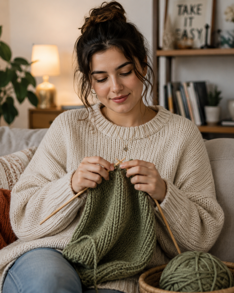 Woman sitting on a couch at home, knitting a green yarn project with wooden knitting needles in a cozy living room.