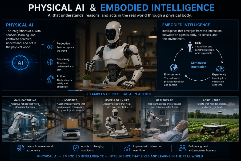 Futuristic infographic showing Physical AI and embodied intelligence with a humanoid robot and sections explaining perception, reasoning, action, and real-world applications.