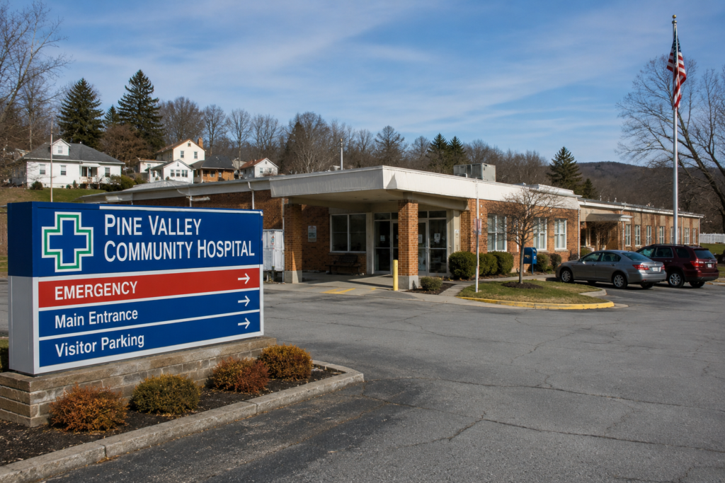 Rural community hospital representing healthcare access challenges and the impact of hospital closures in underserved areas.