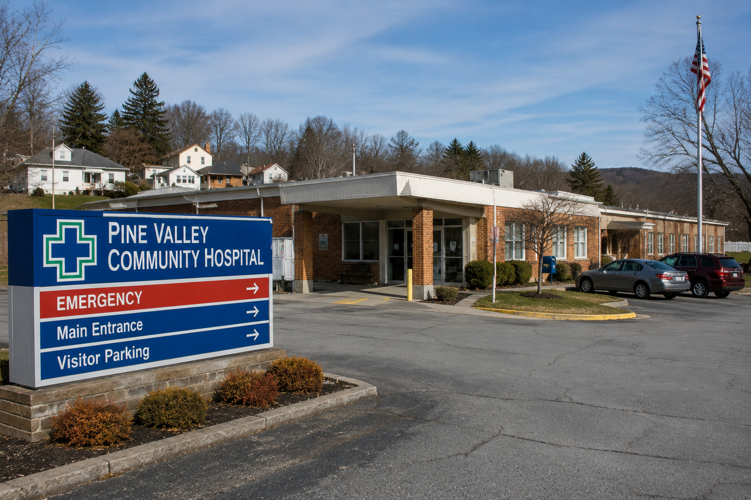 Rural community hospital representing healthcare access challenges and the impact of hospital closures in underserved areas.