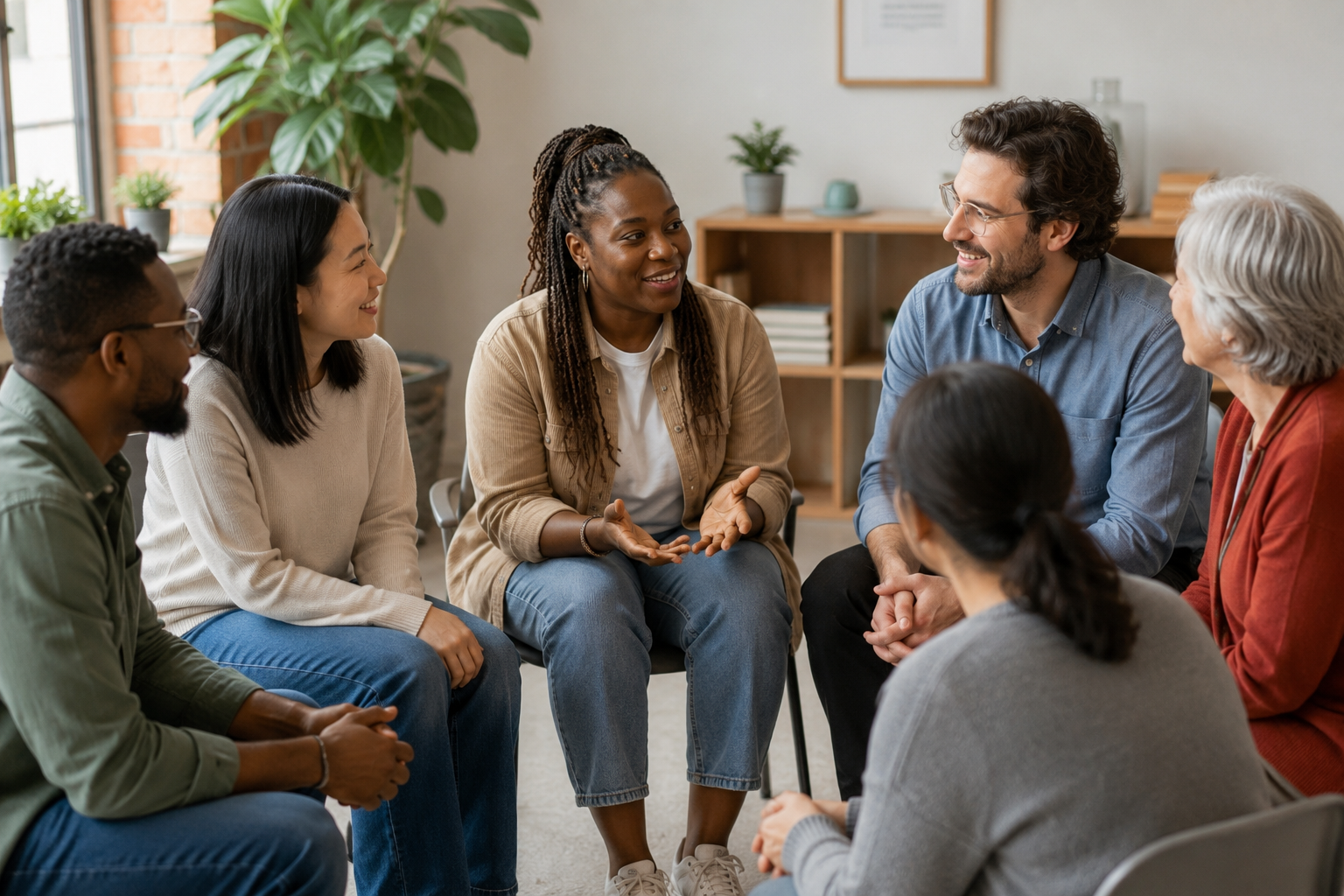 A diverse group of adults sits in a circle in a bright, welcoming room, smiling and chatting during a friendly group discussion.