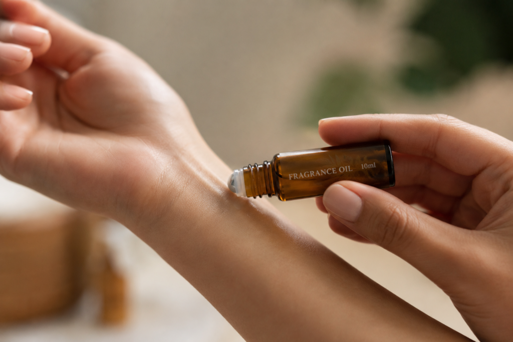 Close-up of a person applying fragrance oil from a roller bottle onto their wrist in a soft, natural indoor setting.