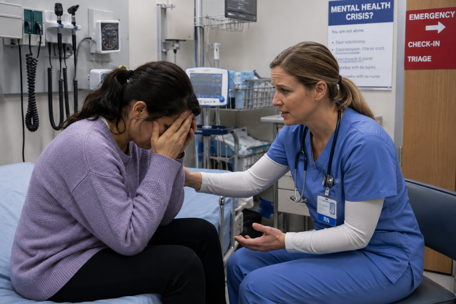 A healthcare worker offers calm, supportive care to a patient during a mental health crisis in an emergency department.