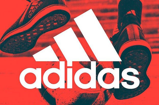 Adidas logo with running shoes promoting the brand