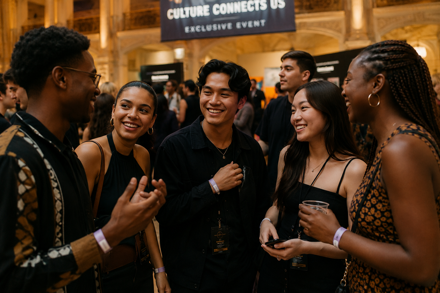 A group of diverse young adults wearing event wristbands smile, chat, and network while attending an exclusive cultural event in an elegant venue.