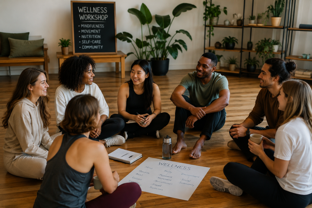 Diverse group of young adults sitting in a circle during a wellness workshop, smiling and talking together in a bright, plant-filled room designed for mindfulness and mental well-being