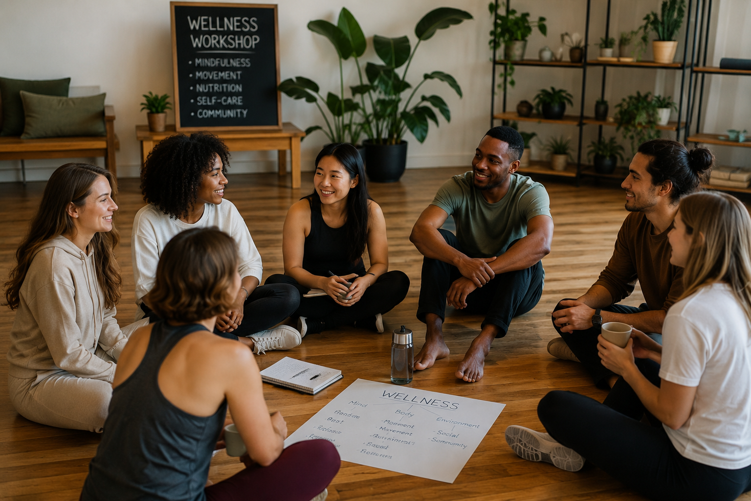 Diverse group of young adults sitting in a circle during a wellness workshop, smiling and talking together in a bright, plant-filled room designed for mindfulness and mental well-being