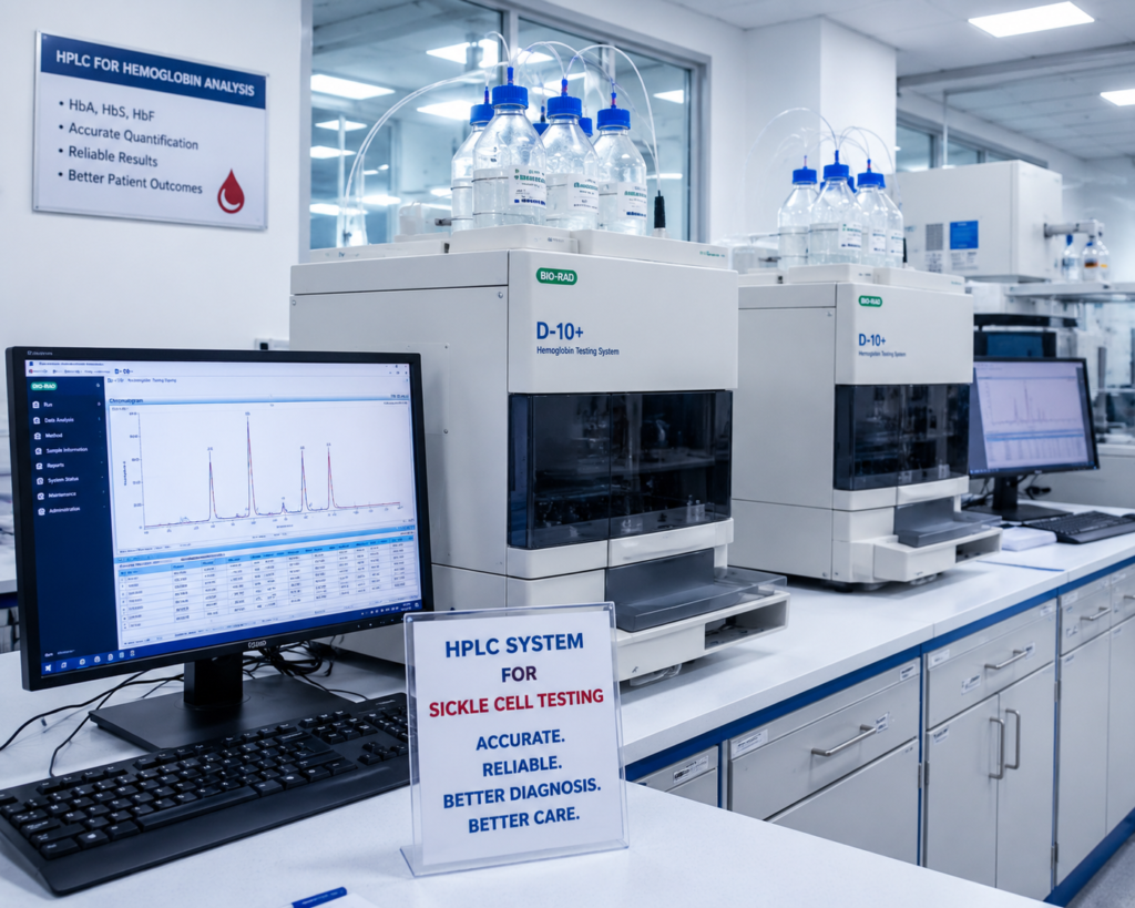 Modern medical laboratory equipped with HPLC machines used for sickle cell disease testing and hemoglobin analysis.
