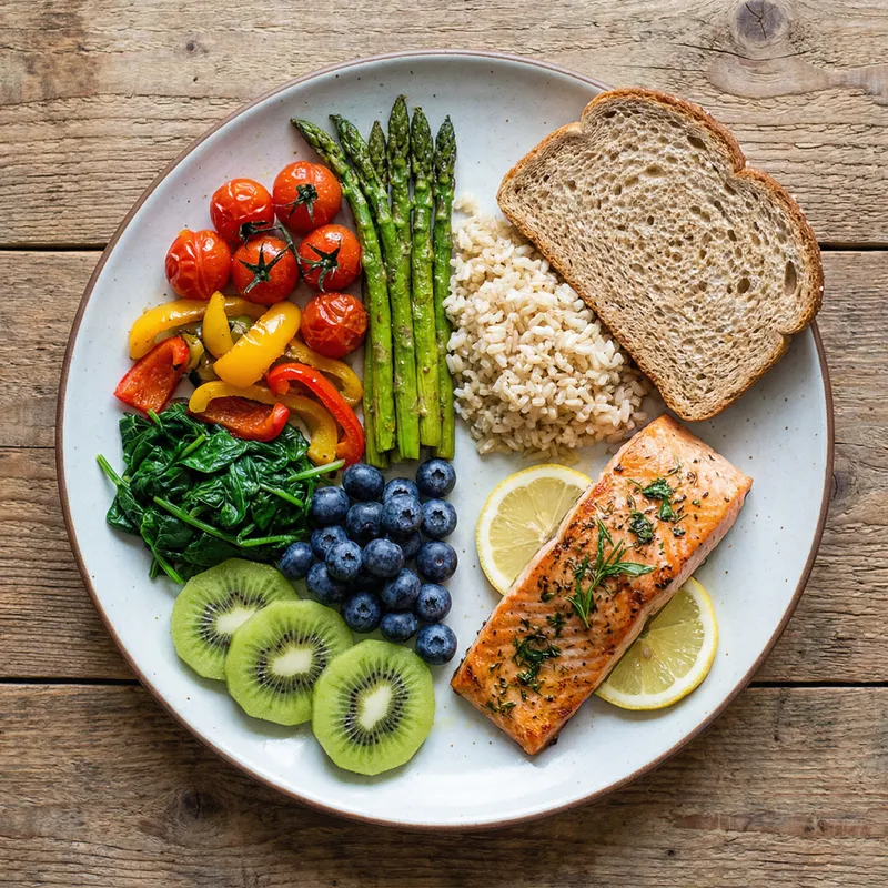 Healthy eating plate infographic showing a balanced meal with 50% fruits and vegetables, 25% lean protein, and 25% whole grains.